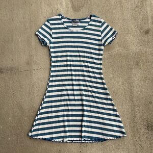 VTG Y2k Striped T Shirt Dress Short Sleeve‎ Lettuce Hem Teal White Medium